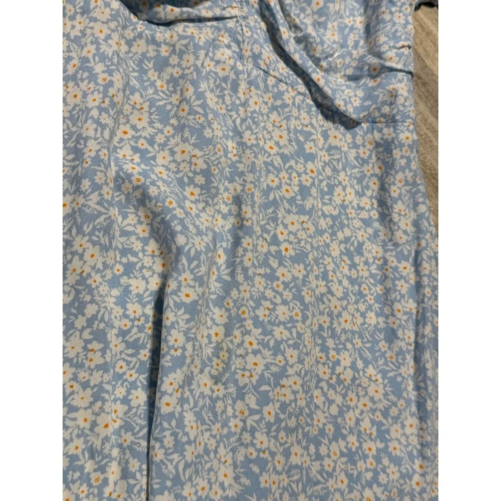 No Boundaries Blue Floral Print Mini Dress Ruched Front Short Puff Sleeve S‎